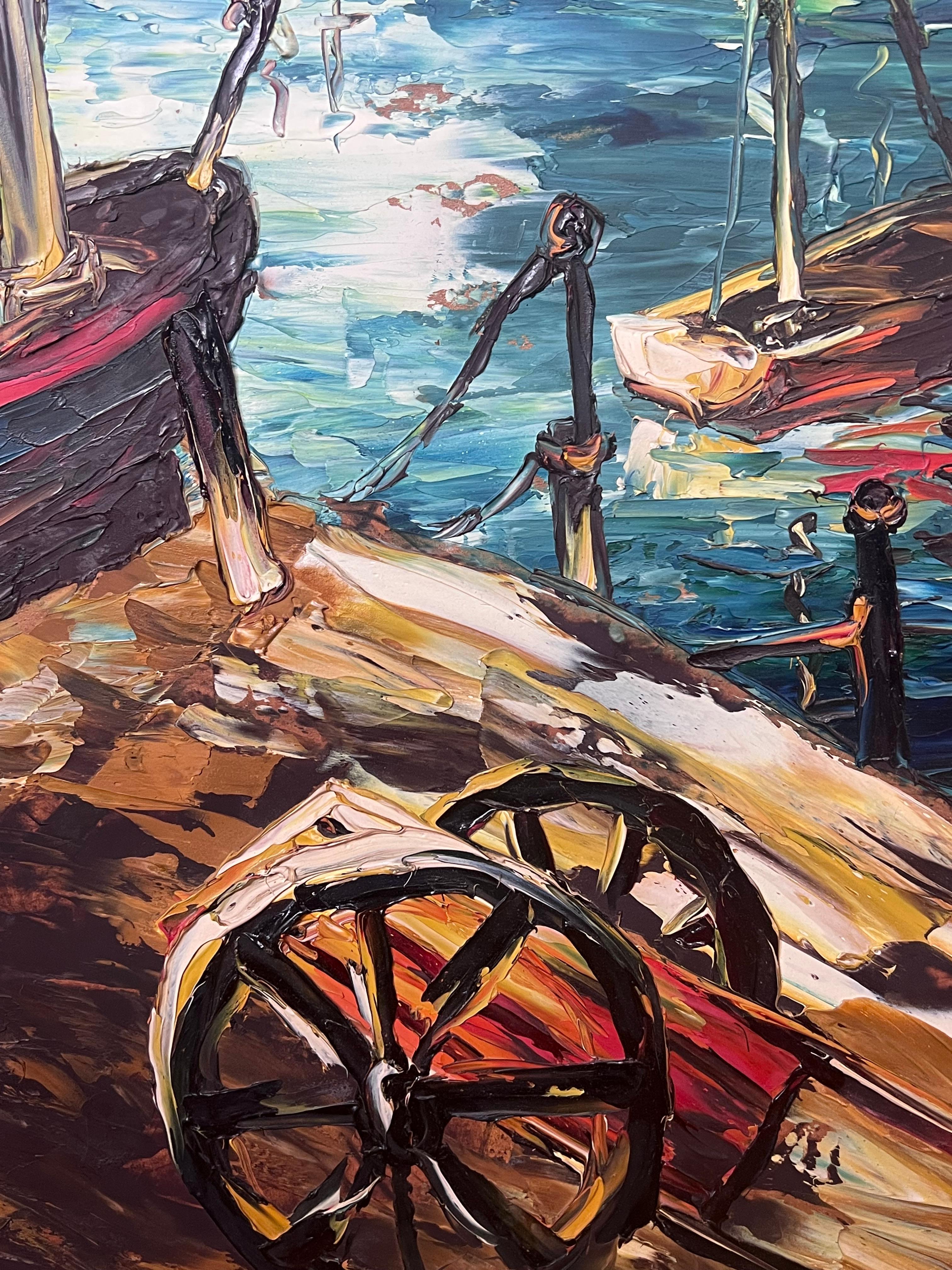 20ème siècle Expressionniste Français Peinture à l'huile signée Bateaux sur le bord du port en vente 4