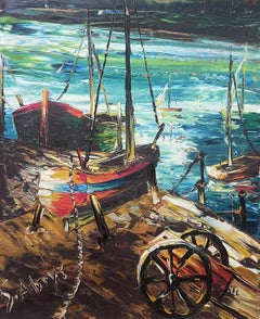 20th Century French Expressionist Signed Oil Painting Boats on Harbor Edge