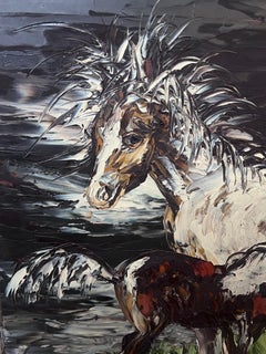 Olio firmato da un espressionista francese: Cavallo e puledro in un paesaggio, 20° secolo