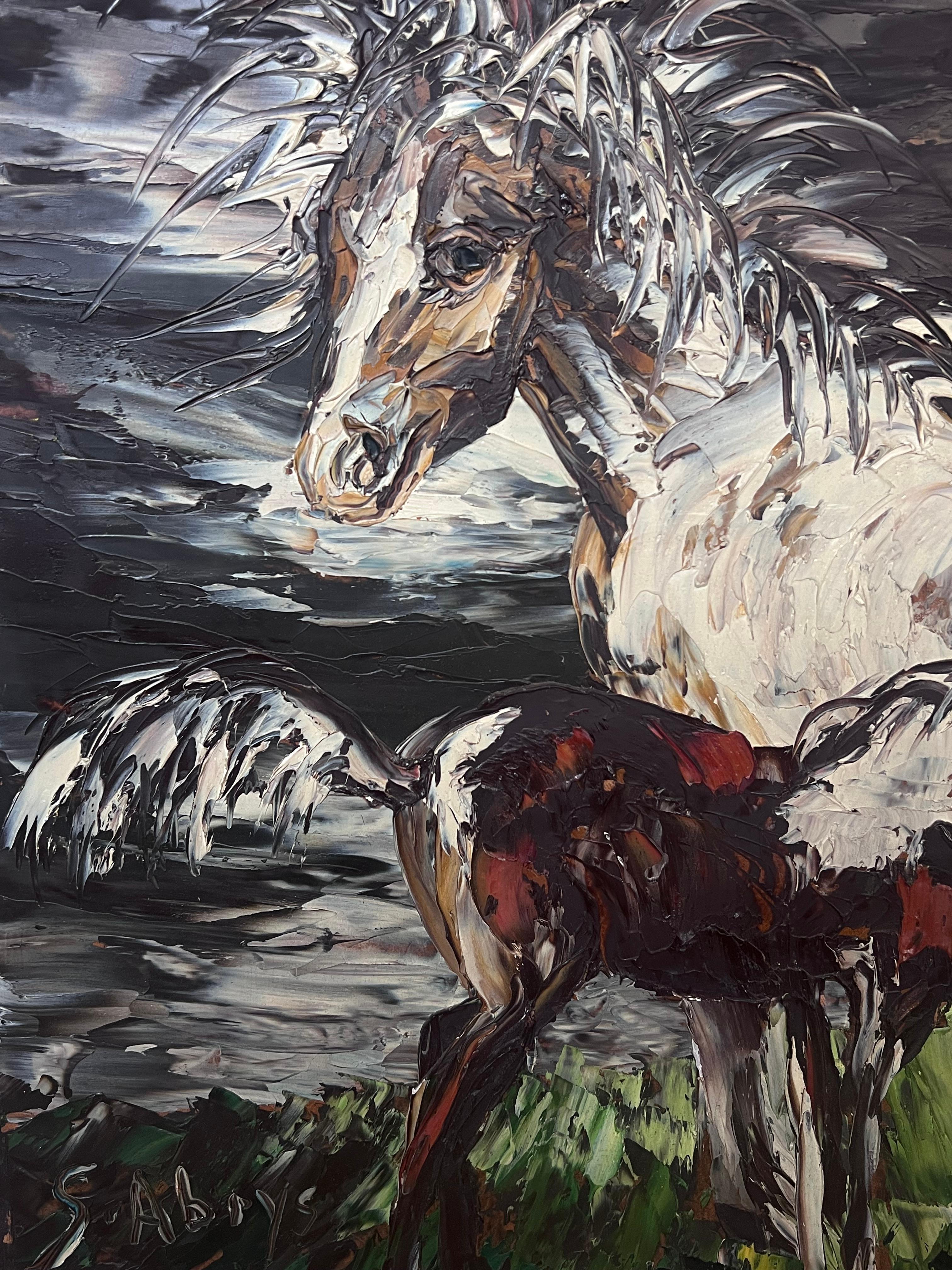 Französischer Expressionist Signiertes Öl Pferd und ihr Fohlen in Landschaft, 20. im Angebot 2