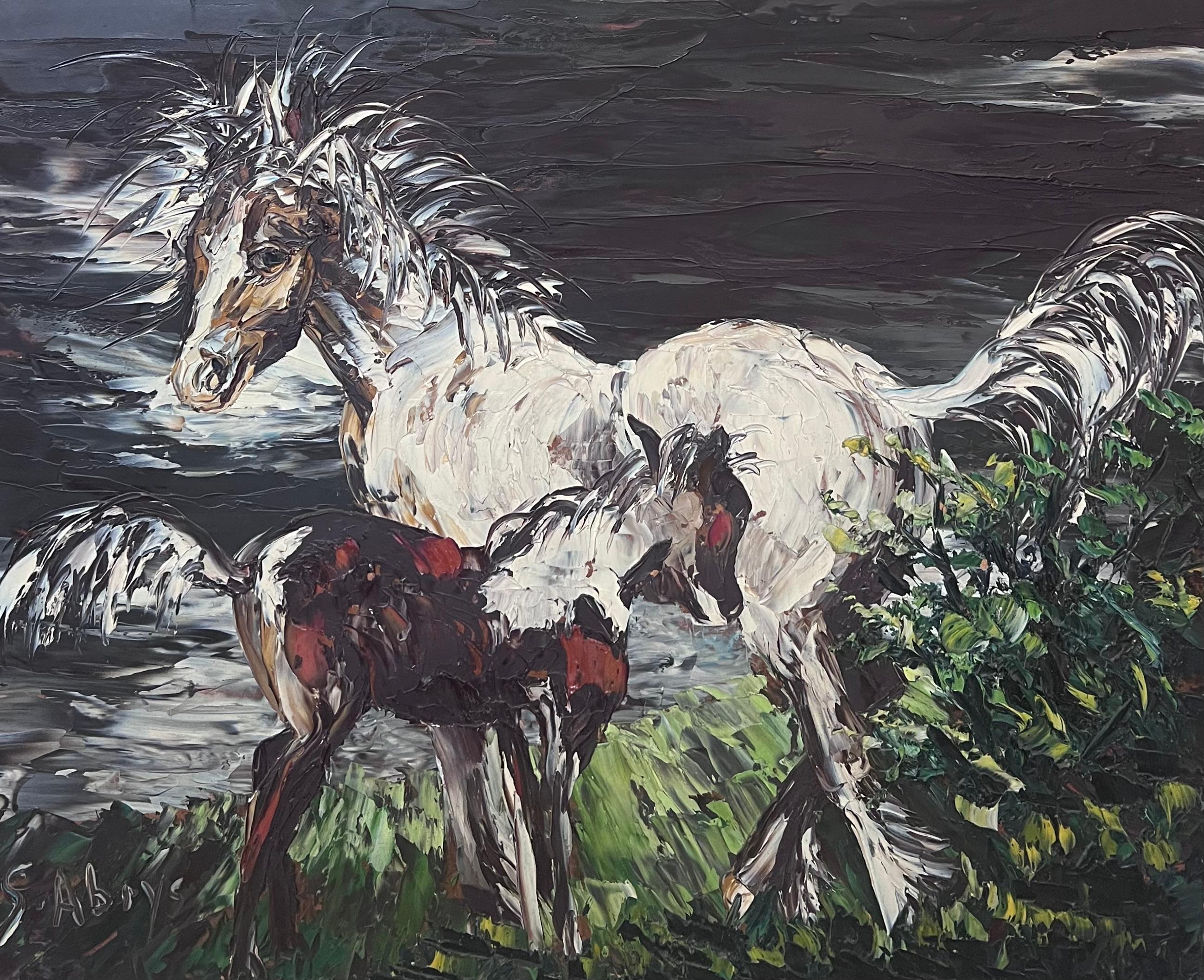 Olio firmato da un espressionista francese: Cavallo e puledro in un paesaggio, 20° secolo