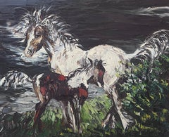 Horse & Her Foal in Landscape, signé de l'expressionniste français, 20e siècle