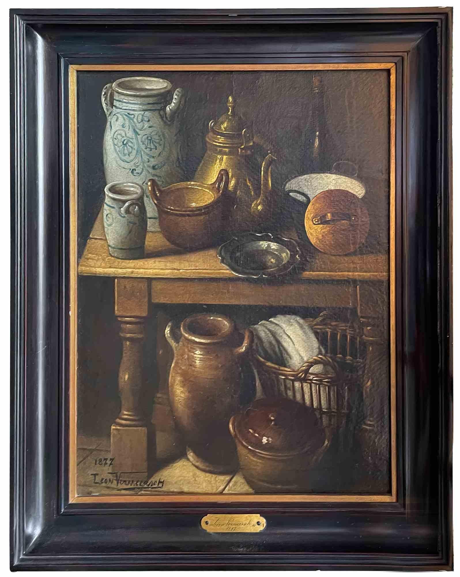 Natura morta - Olio su tela di  Léon Vermeerschs-  1877 1
