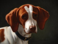 Pittura a olio francese su tela Ritratto di un cane da caccia americano della Bretagna del 19° secolo