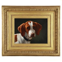 Pittura a olio francese su tela Ritratto di un cane da caccia americano della Bretagna del 19° secolo