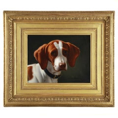 Retro Oil On Canvas Portrait of an American Brittany hunting dog 