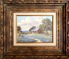"Cabin in Blue" Texas Hill Country Bluebonnet Painting. Circa 1960s 70s