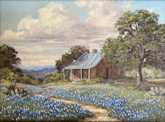 "Cabin in Blue" Texas Hill Country Bluebonnet Painting. Circa 1960s 70s