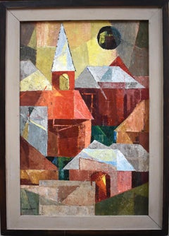 "BLOCK TOWN" MID CENTURY CUBIST FRAMED 36 X 26