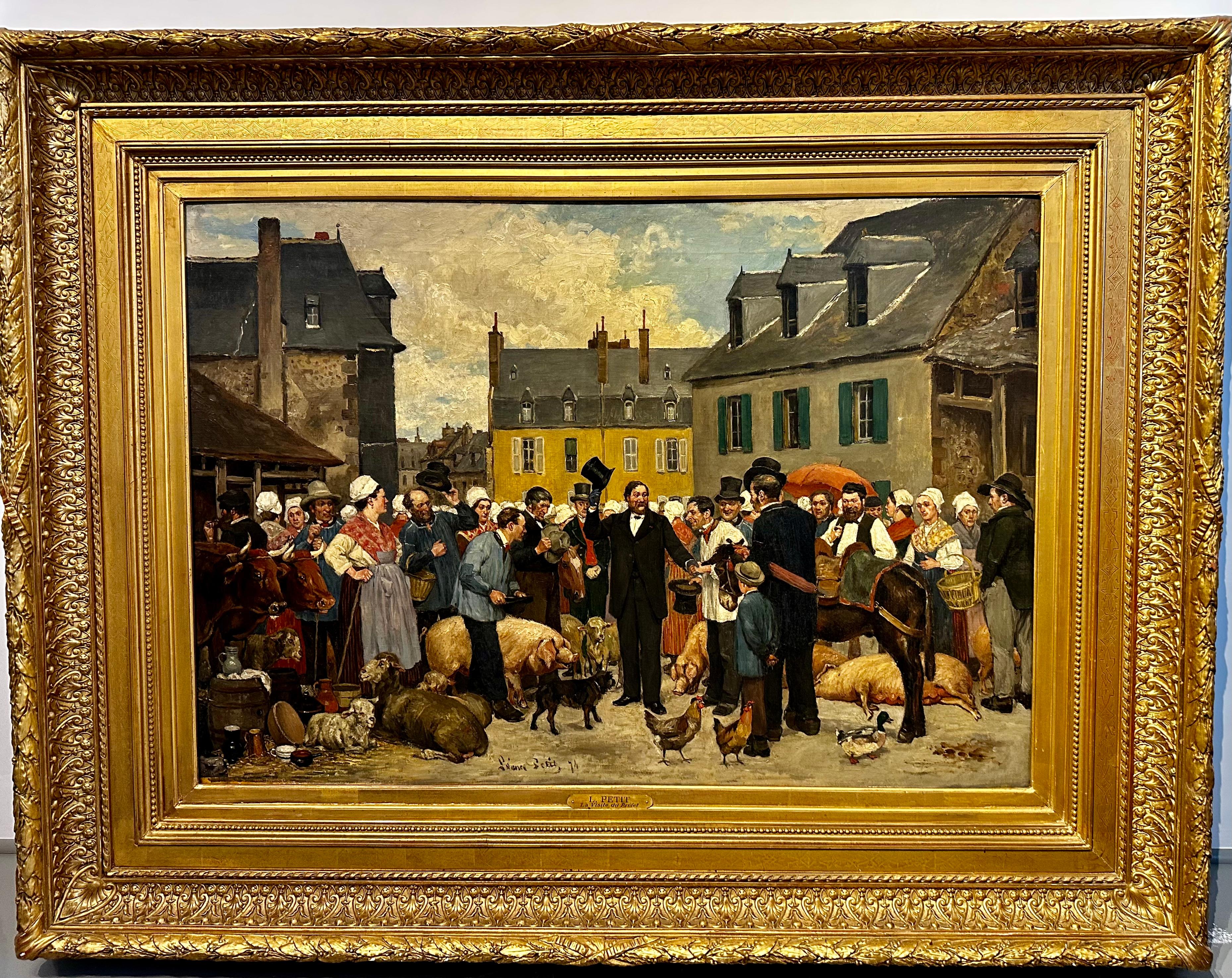 LÉONCE PETIT
TADEN, 1839 - PARIS,1884
Der Besuch des Präfekten
1874
Huile sur toile
70 x 100 cm.
Signée et datée en bas au milieu
Was für eine Welt in dieser Zeit des Marktes! Man trifft sich, man grüßt sich, aber man wundert sich auch über eine