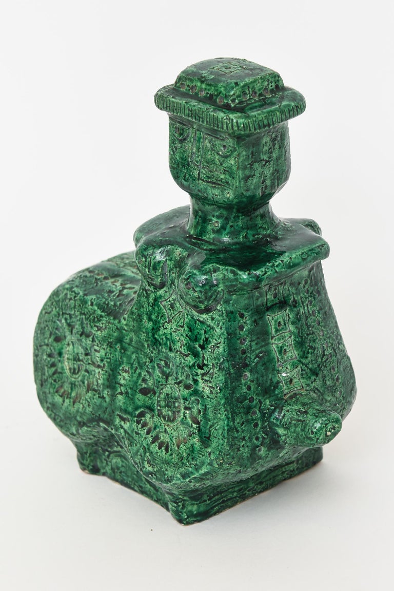 Mid-Century Modern Londi for Bitossi Green Hallmarked Glazed and Textural Ceramic Vintage Italian For Sale