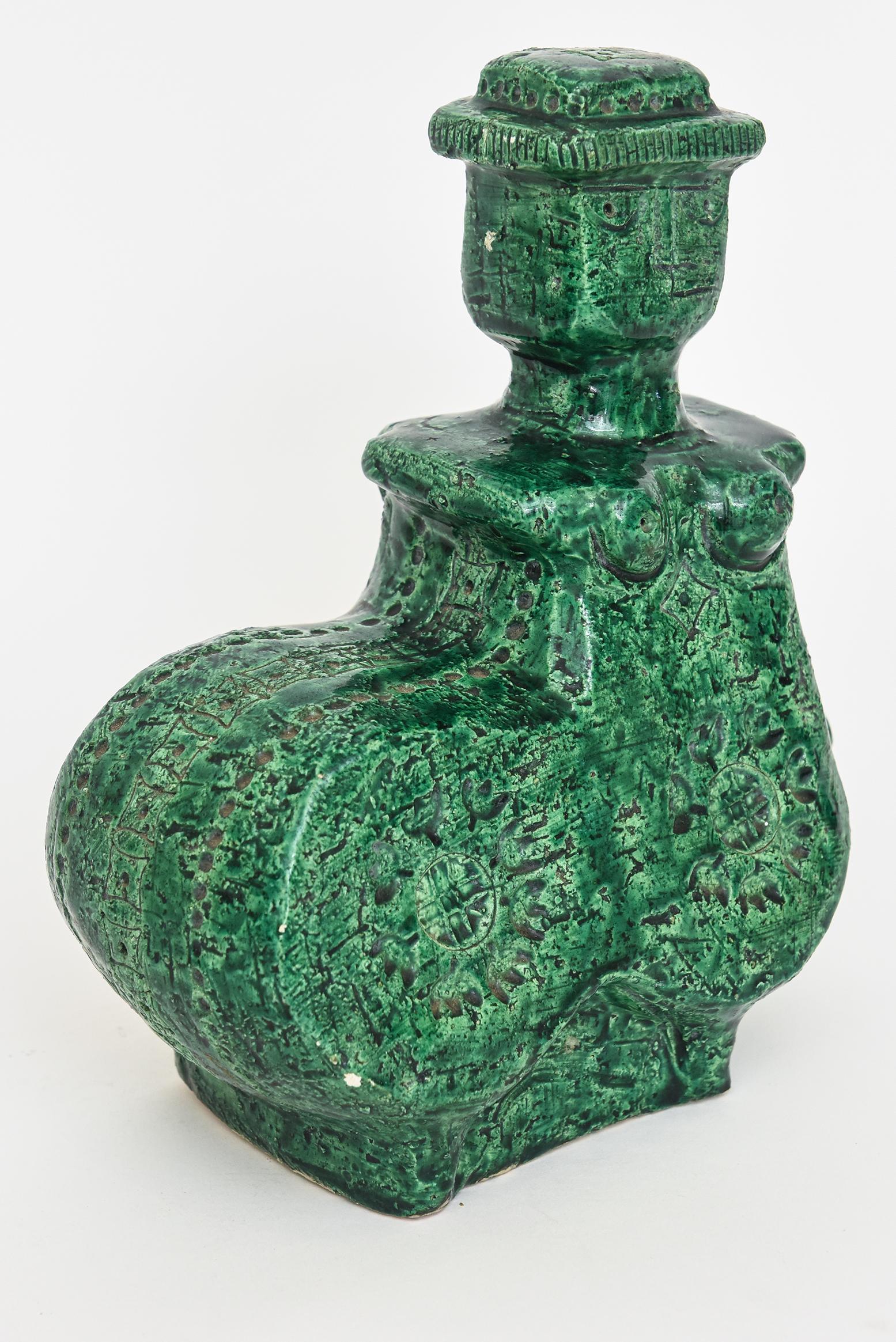 Aldo Londi for Bitossi Green Glazed Textural Hallmarked Ceramic Italian Vintage For Sale 1