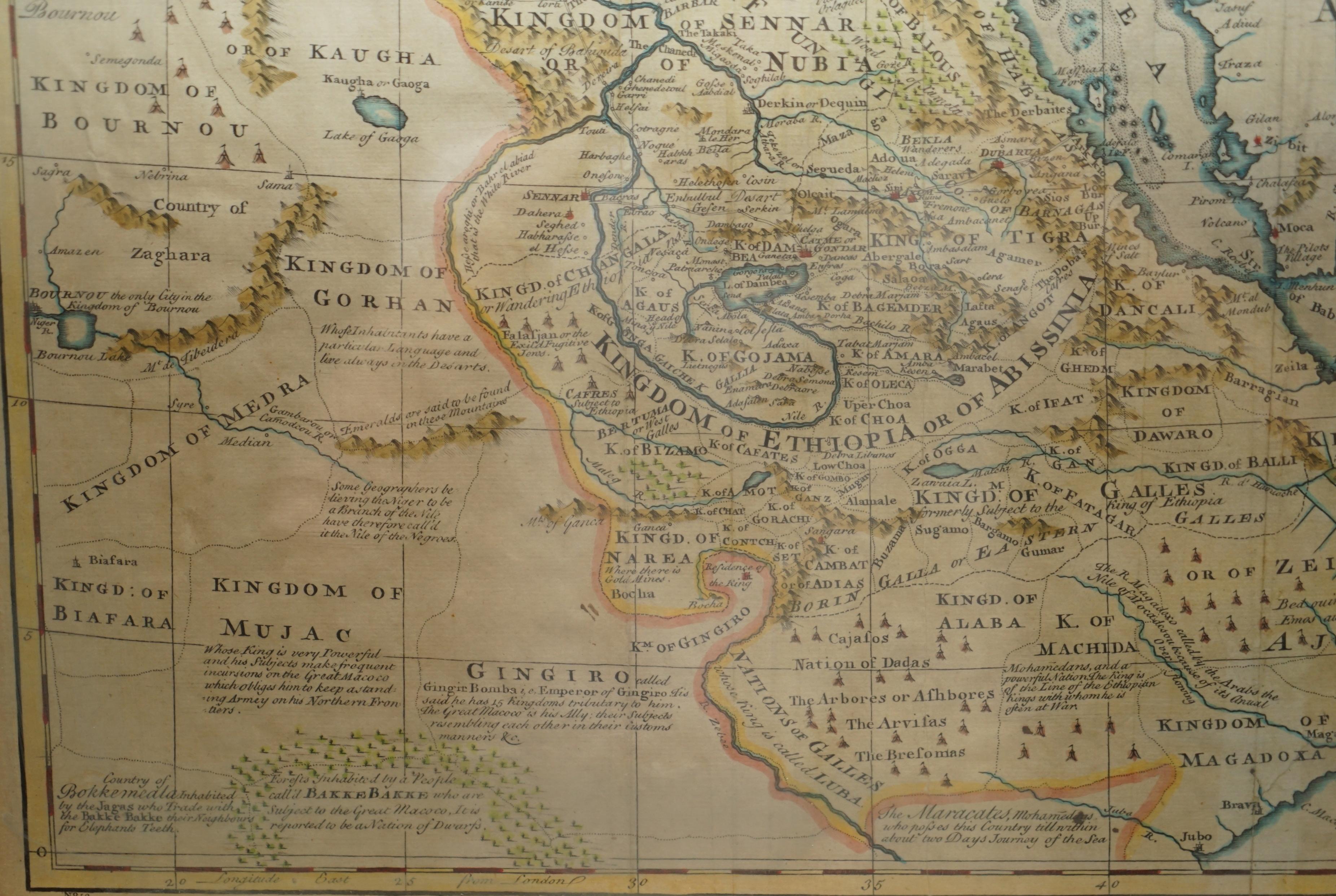 Paper London 1744 Published Watercolour Antique Map of East Africa by Eman Bowen For Sale