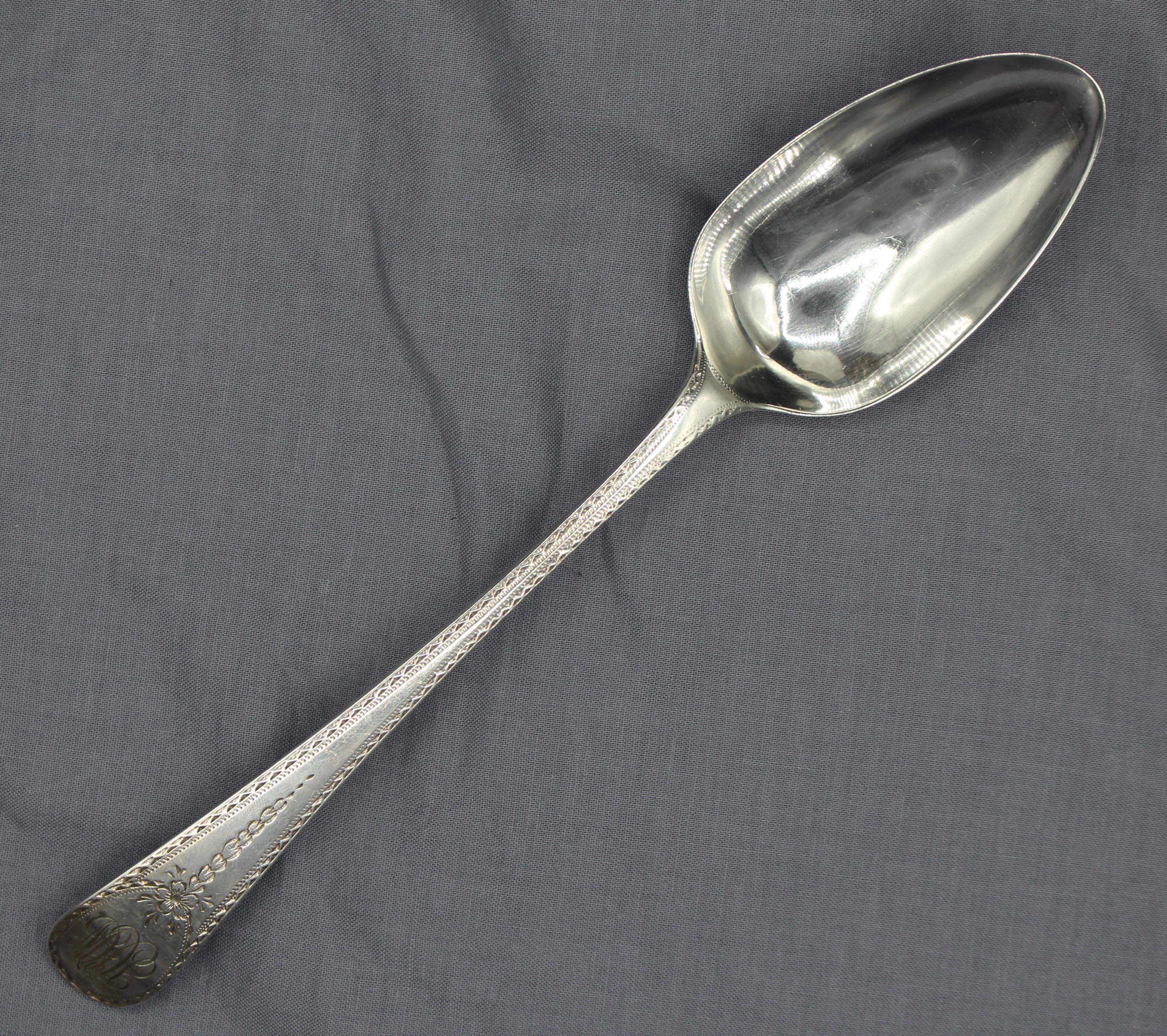 London, 1797, Old English engraved pattern large soup or table spoon, sterling silver, by George Brasier. Later monogram. 1.75 troy oz. Measures: 8 5/8