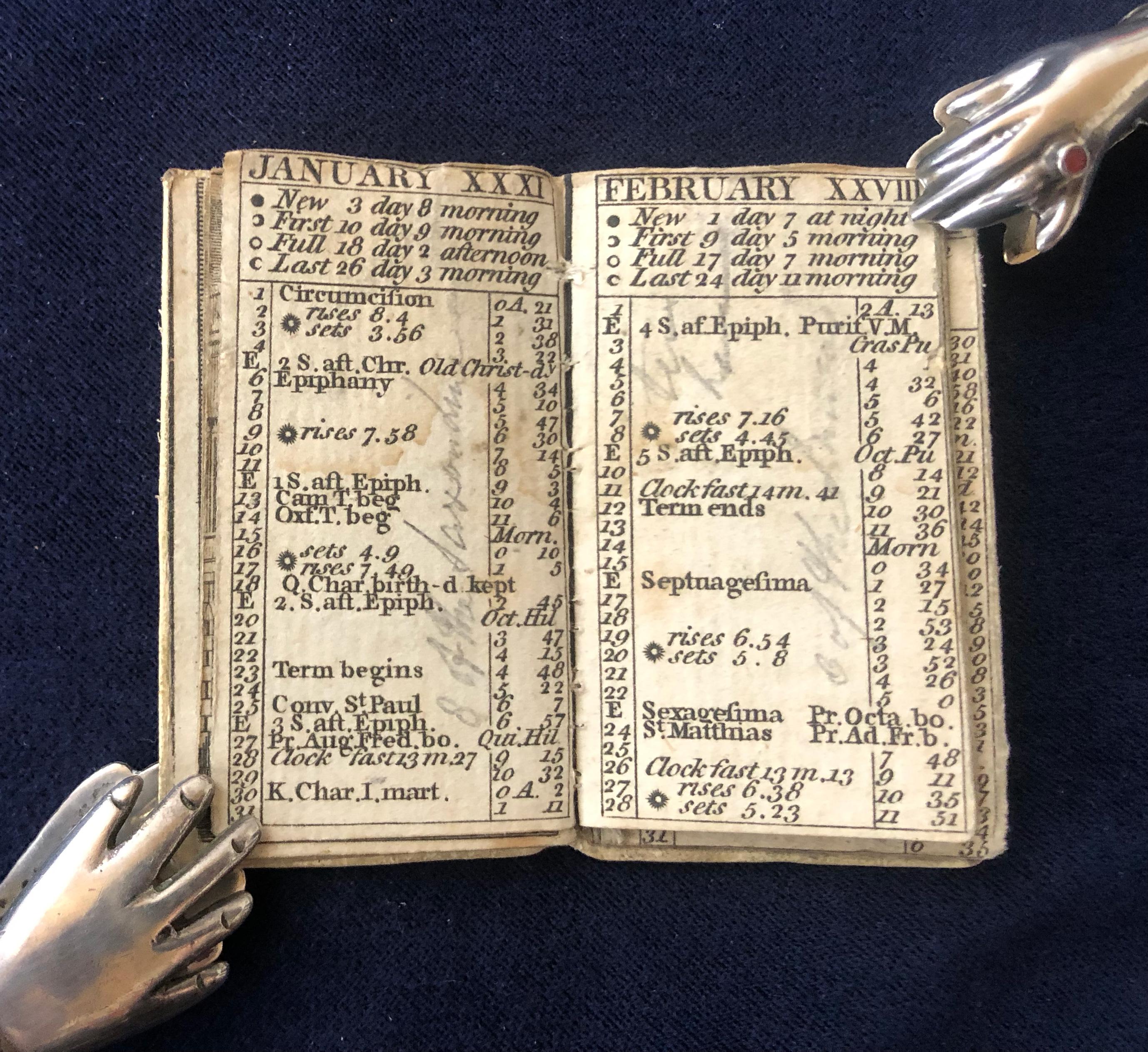 London Almanack for the Year of Christ 1783

London: Printed for the Company of Stationers, 1783. 
64mo, 1 1/4 x 1 3/8 in. (57 x 33 mm), 24pp. Original cream morocco elaborately gilt and with decorative morocco inlays in red, with a woman dancing