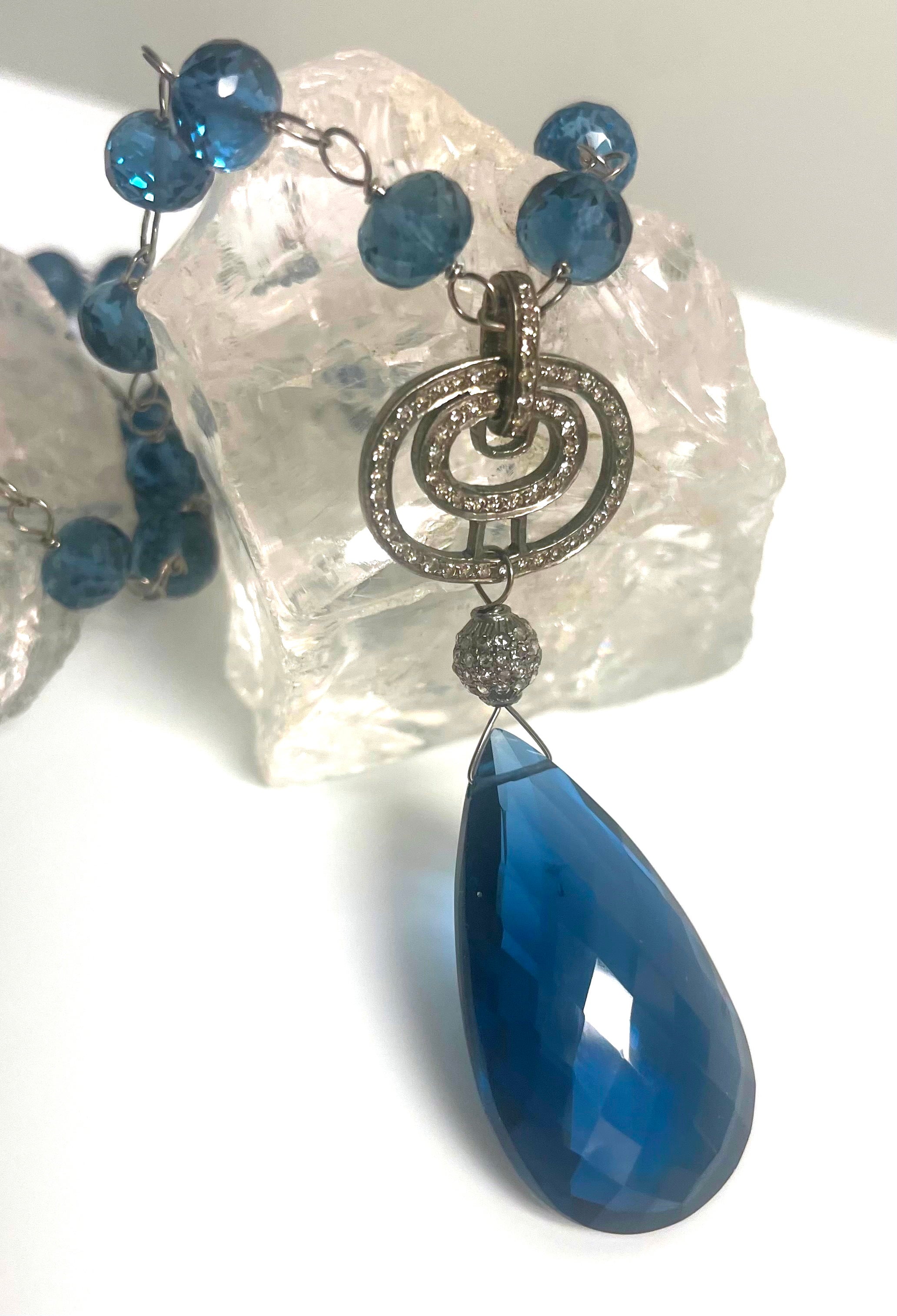 London Blue Quartz and Diamond Pendant Paradizia Necklace For Sale 1