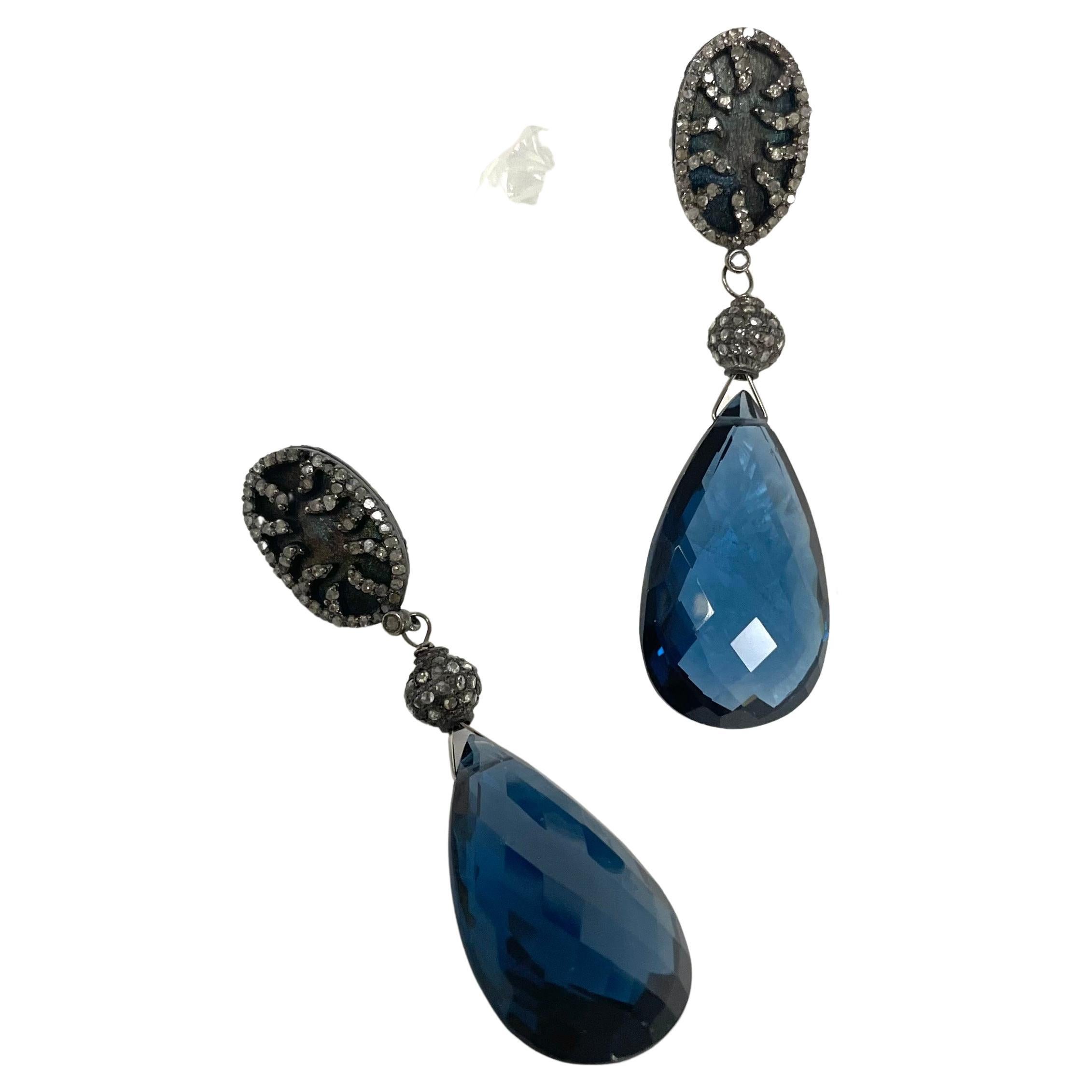 London Blue Quartz and Titanium Pave Diamond Paradizia Earrings For Sale 6