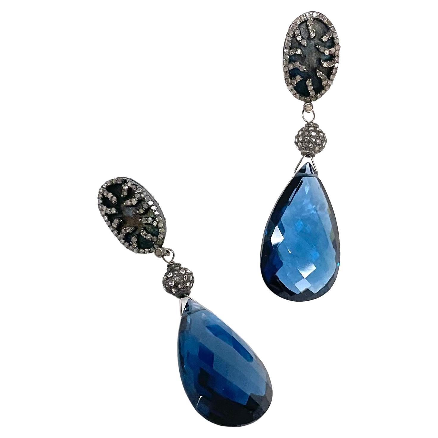 London Blue Quartz and Titanium Pave Diamond Paradizia Earrings For Sale 9