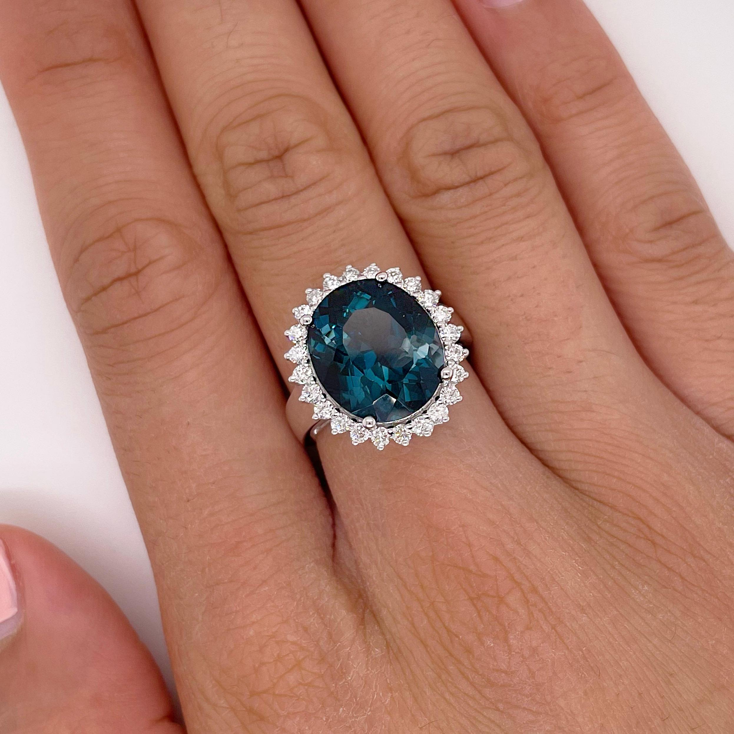 For Sale:  London Blue Ring w Diamond Halo in 14K White Gold Cluster Ring in London Blue 5