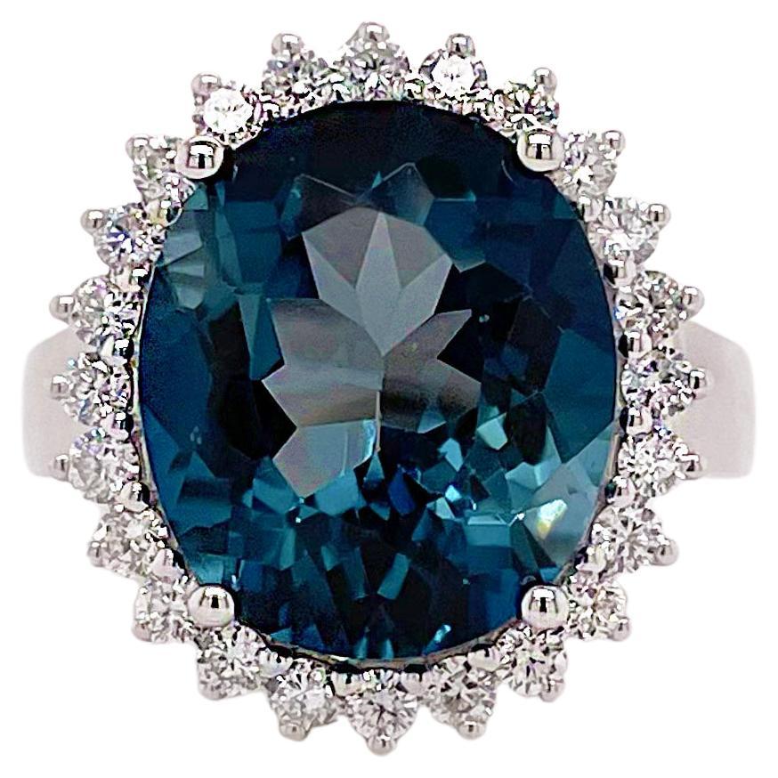 For Sale:  London Blue Ring w Diamond Halo in 14K White Gold Cluster Ring in London Blue