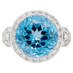 London Blue Topaz 12.74 Carat Ring with Diamonds 1.10 Carats Total 14k Gold