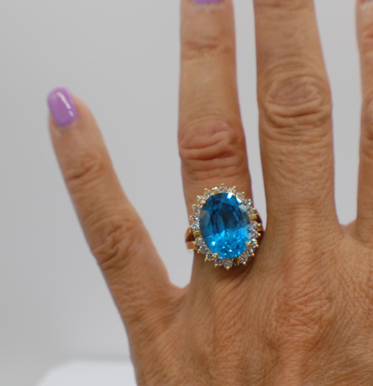 Women's London Blue Topaz and 1 Carat Diamond Halo Ring 18 Karat Yellow Gold