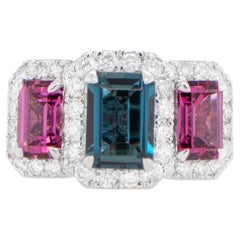 London Blauer Topas und Amethyst Drei Stein-Ring Diamantfassung 2,97 Karat 18K