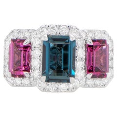 London Blauer Topas und Amethyst Drei Stein-Ring Diamantfassung 2,97 Karat 18K
