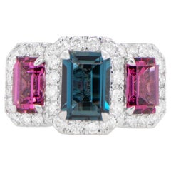 London Blue Topaz and Amethyst Three Stone Ring Diamond Setting 2.97 Carats 18K