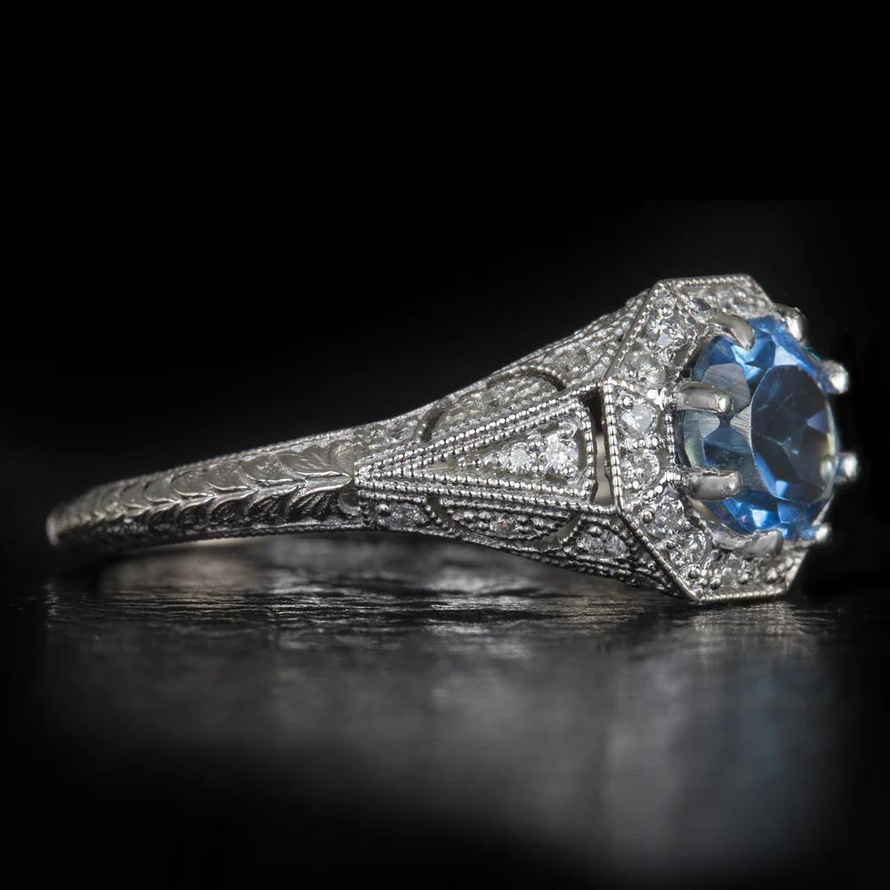 Art Deco London Blue Topaz and Diamon Ring 14k White Gold