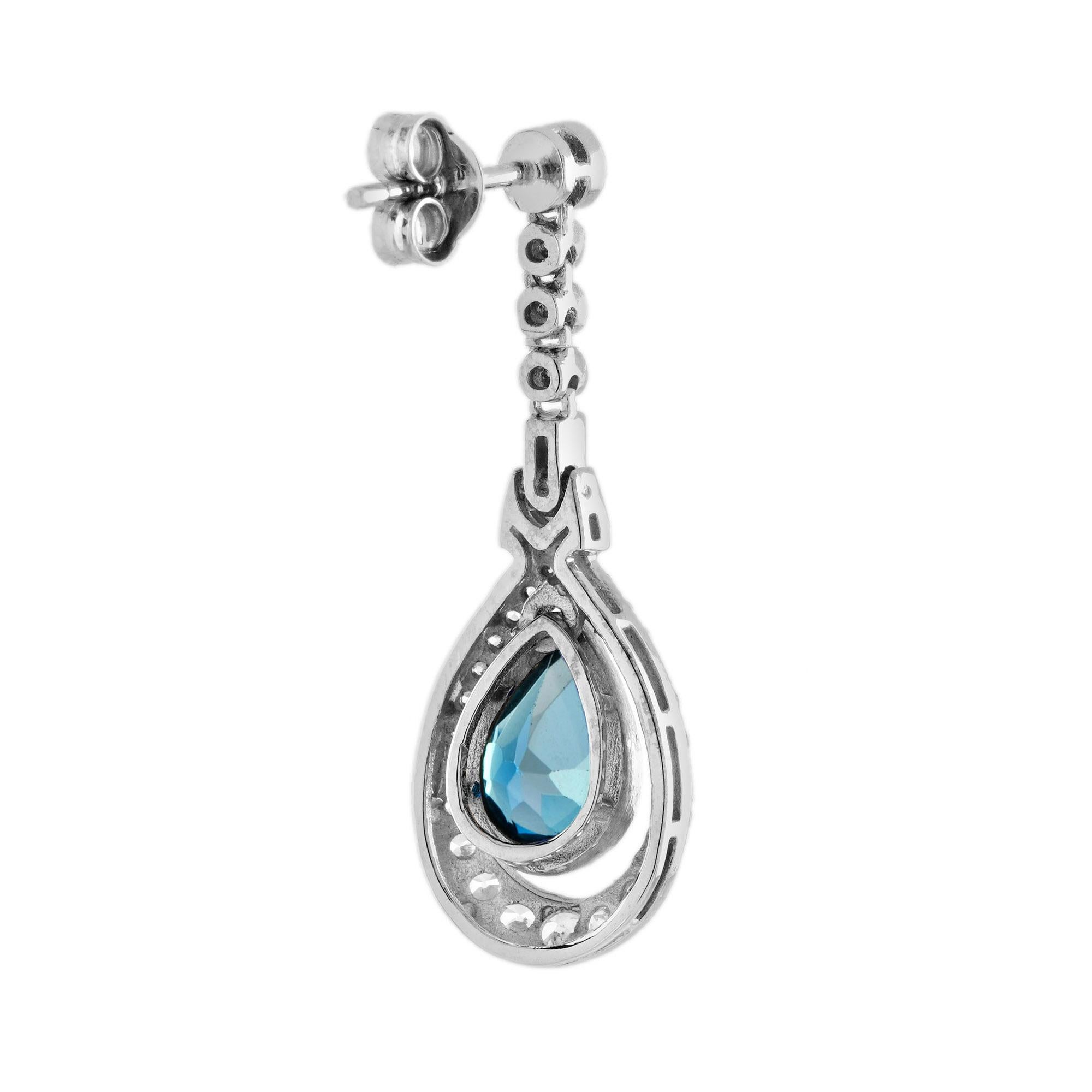 Pear Cut London Blue Topaz and Diamond Antique Style Drop Earrings in 18K White Gold For Sale