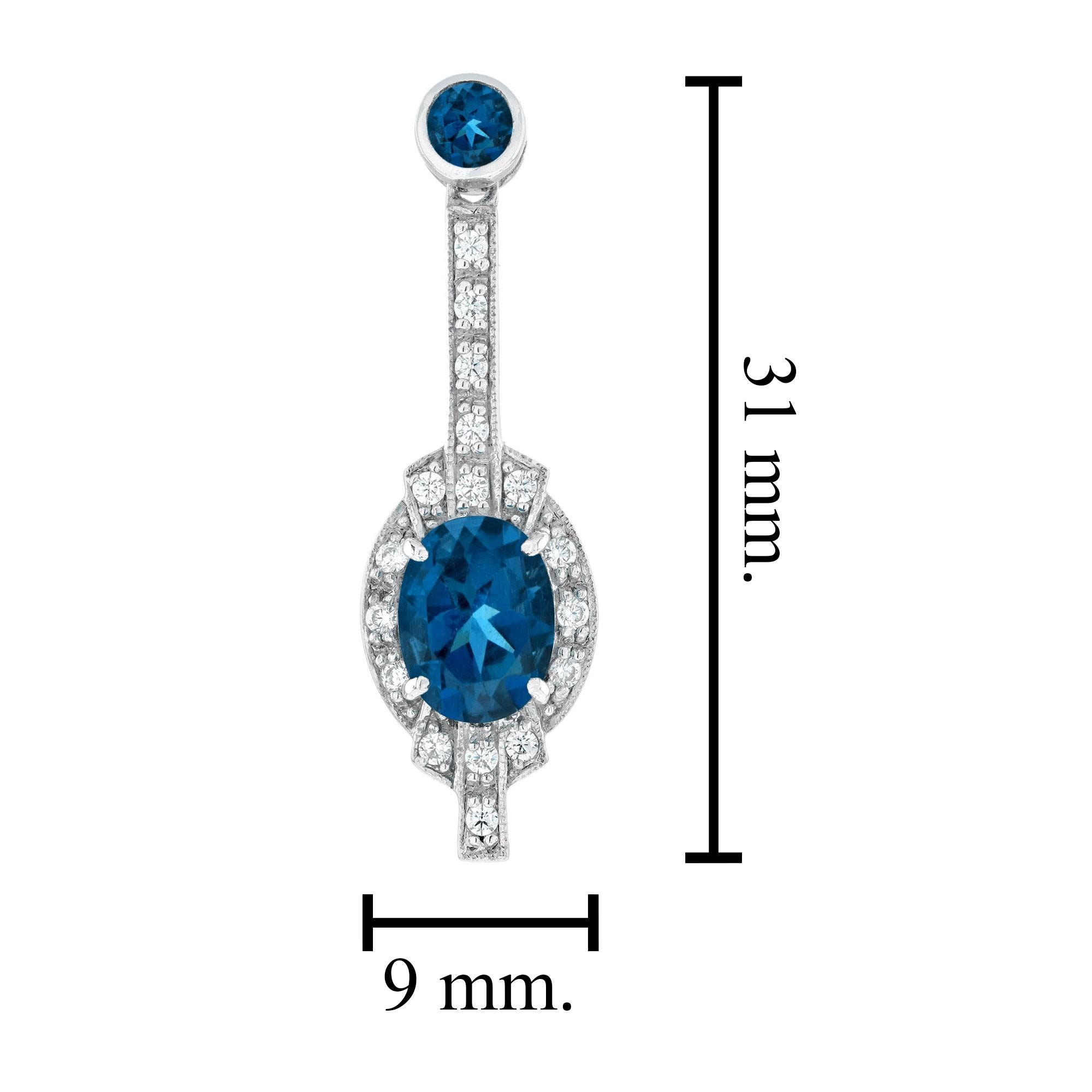 Women's London Blue Topaz and Diamond Art Deco Style Drop Earrings in 18K White Gold For Sale