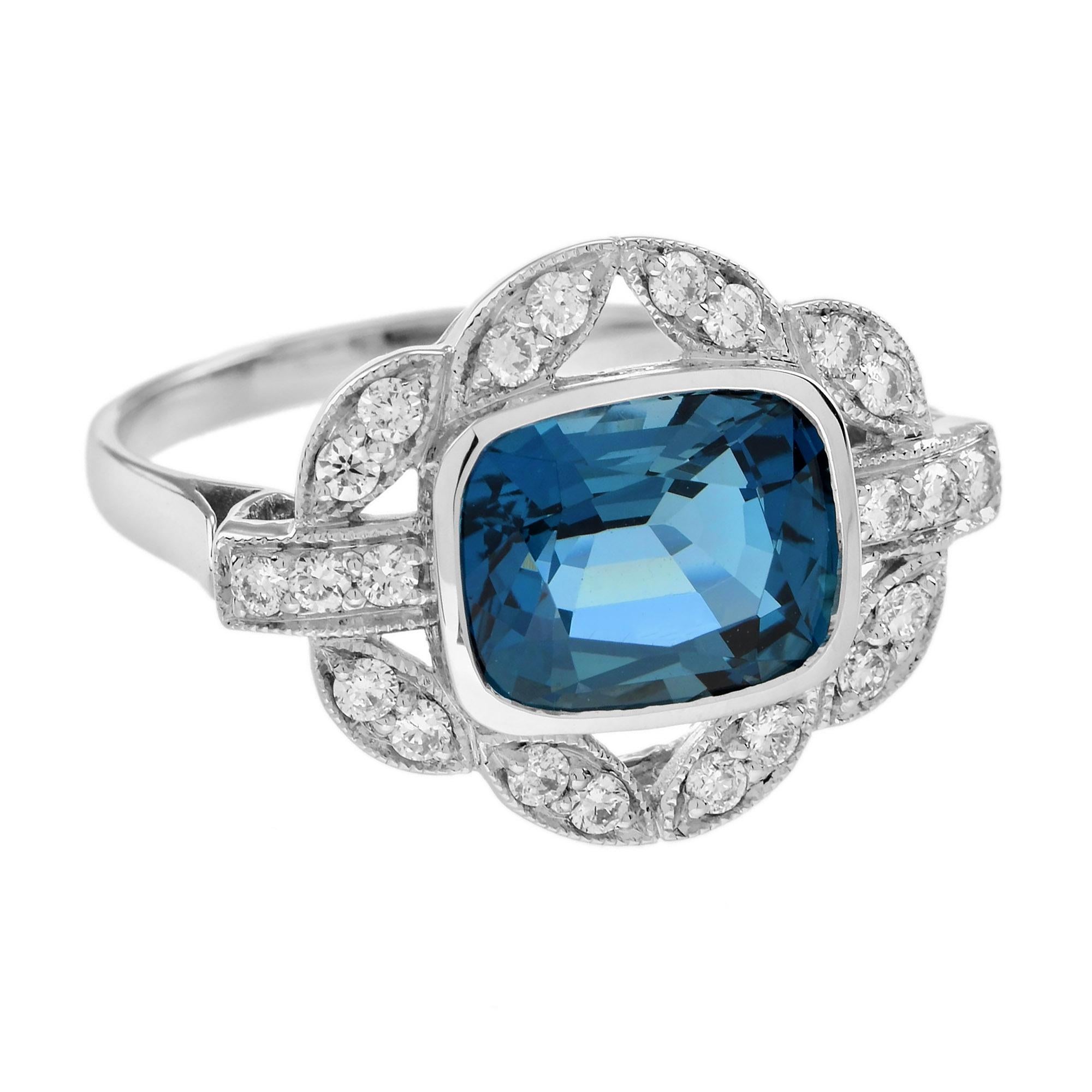 Emerald Cut London Blue Topaz and Diamond Art Deco Style Engagement Ring in 14K White Gold For Sale