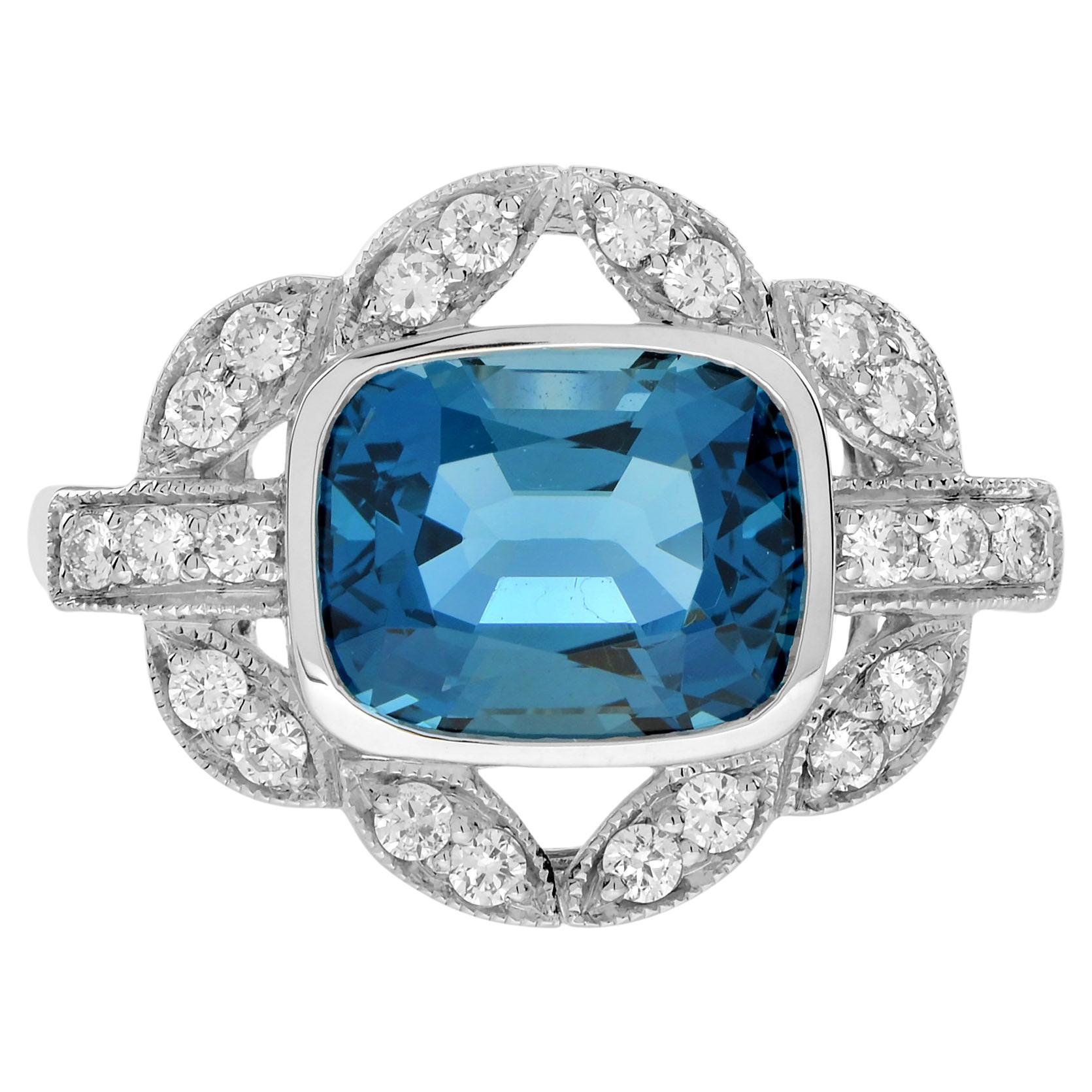 Londoner Verlobungsring aus 14 Karat Weißgold mit blauem Topas und Diamant im Art-déco-Stil