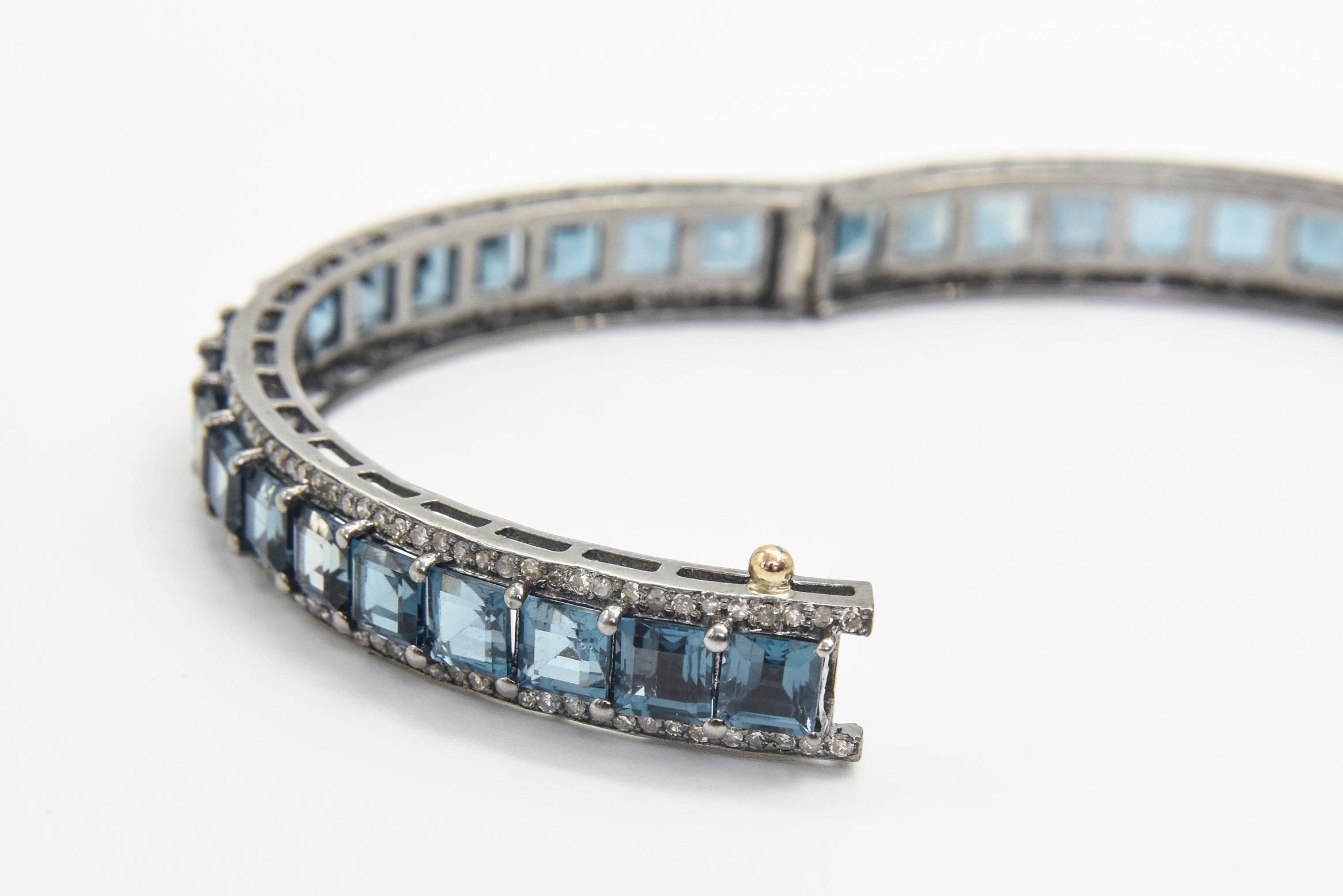 London Blue Topaz and Diamond Bangle Bracelets Pair For Sale 3