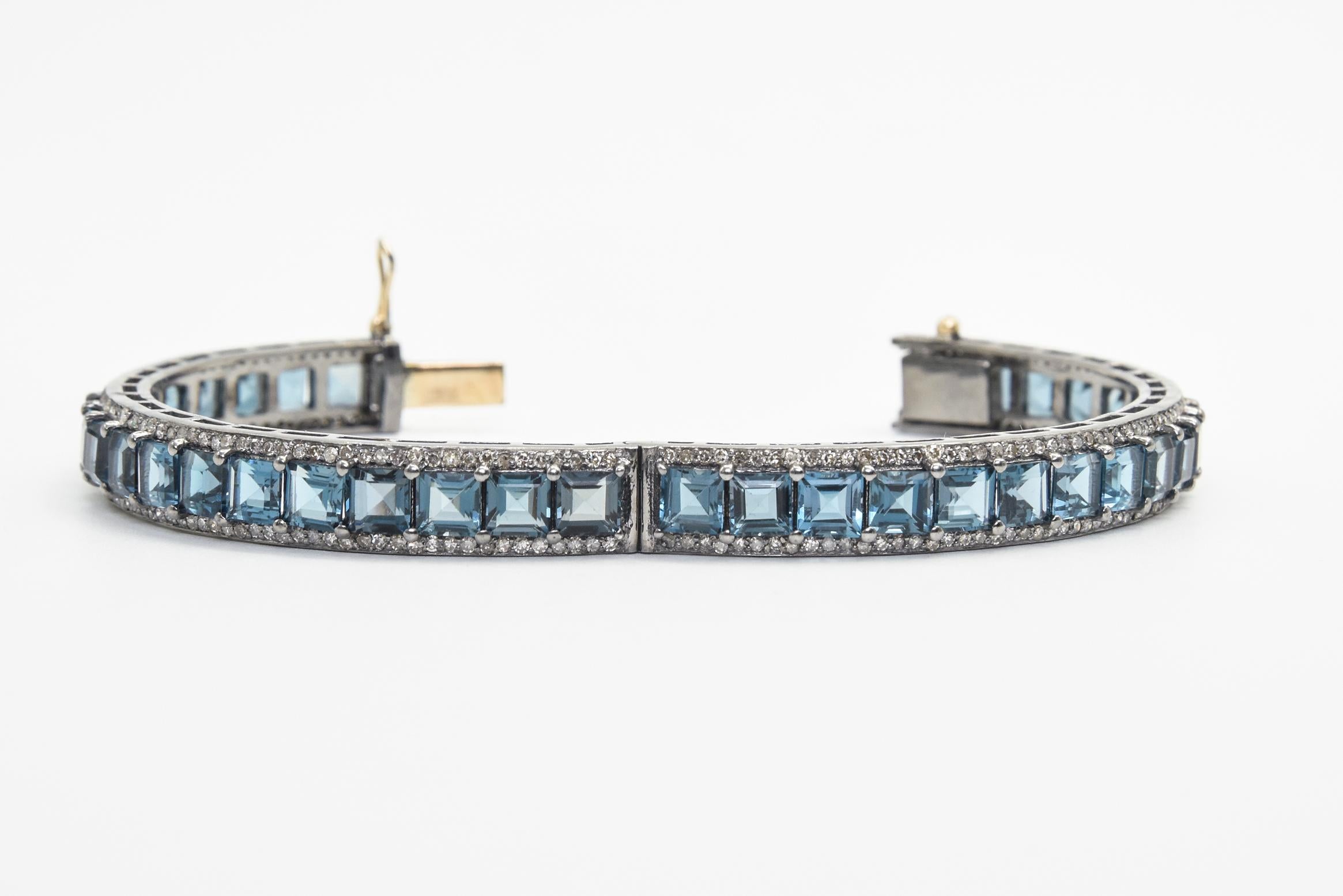London Blue Topaz and Diamond Bangle Bracelets Pair For Sale 4
