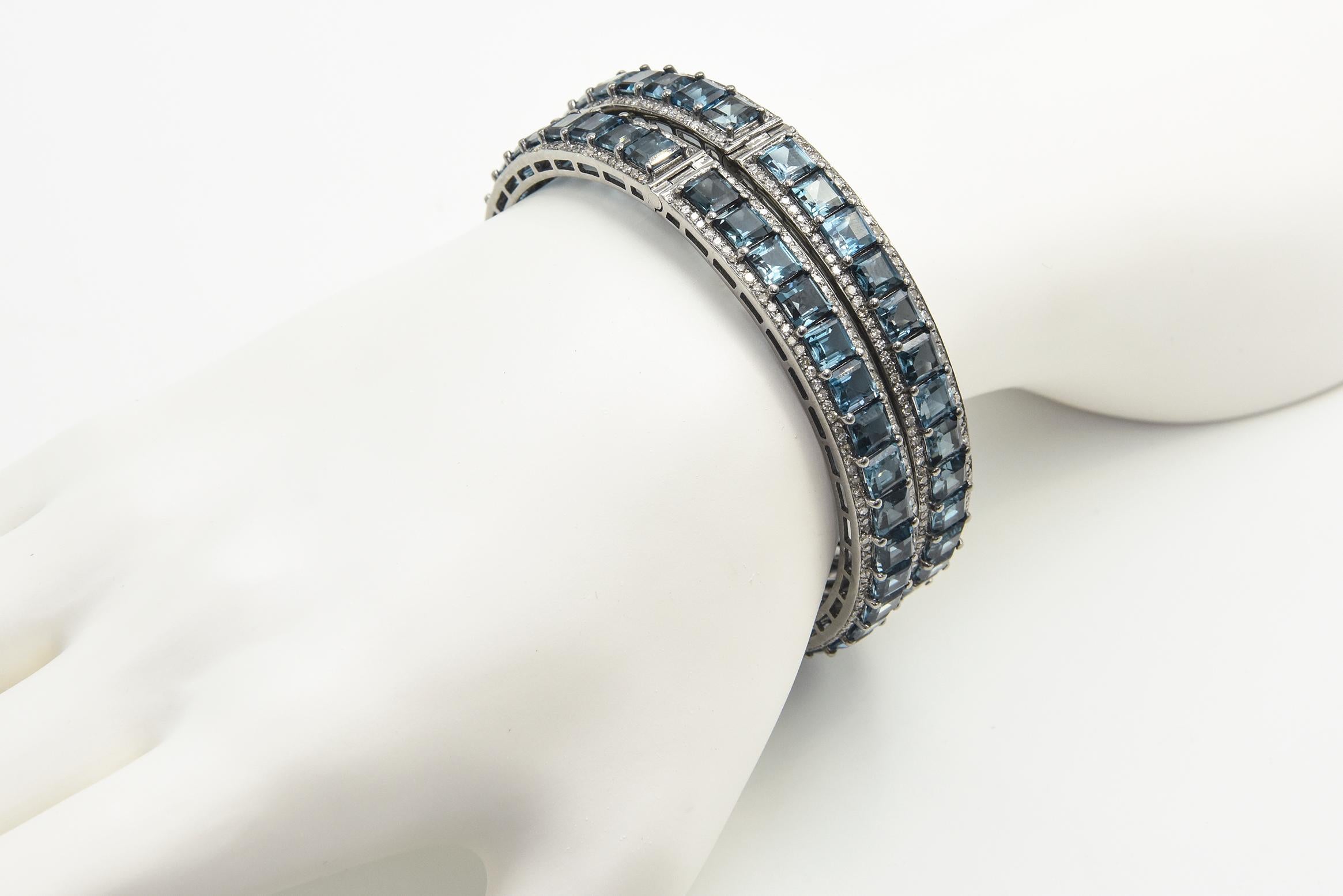 London Blue Topaz and Diamond Bangle Bracelets Pair For Sale 5