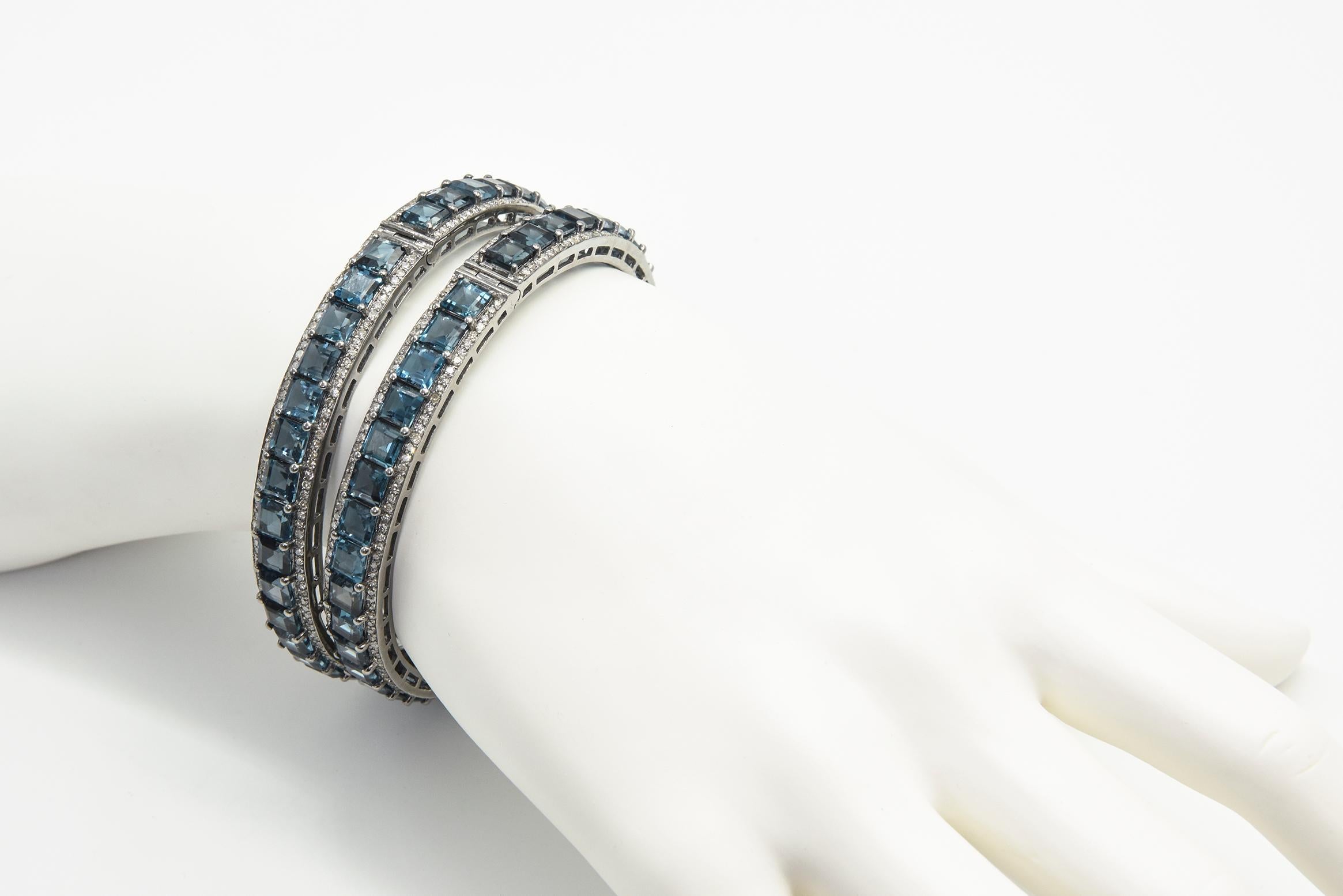 London Blue Topaz and Diamond Bangle Bracelets Pair For Sale 6