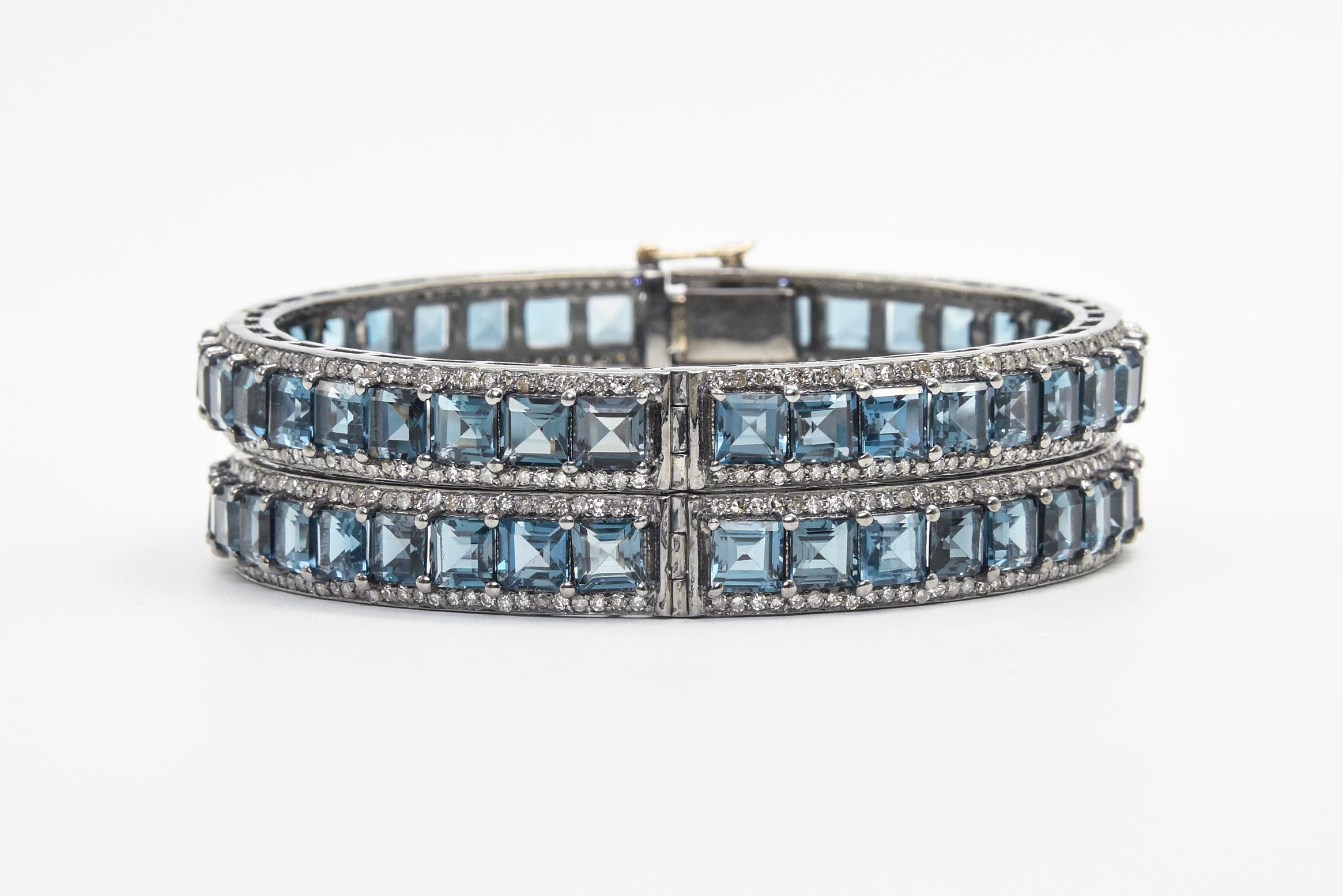 London Blue Topaz and Diamond Bangle Bracelets Pair For Sale 7