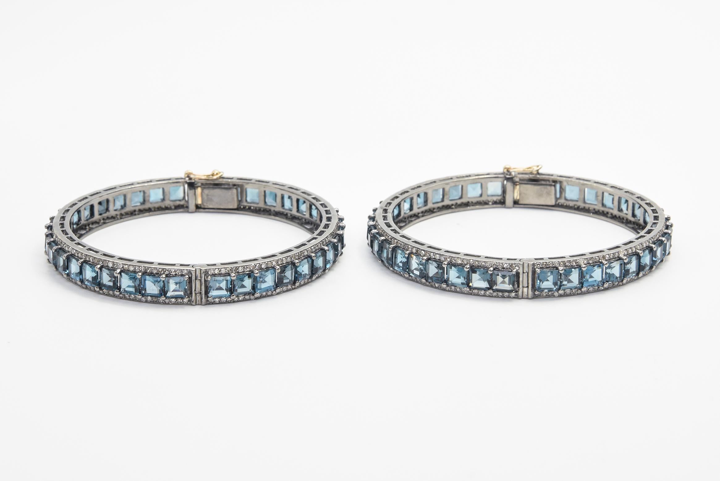 Round Cut London Blue Topaz and Diamond Bangle Bracelets Pair For Sale