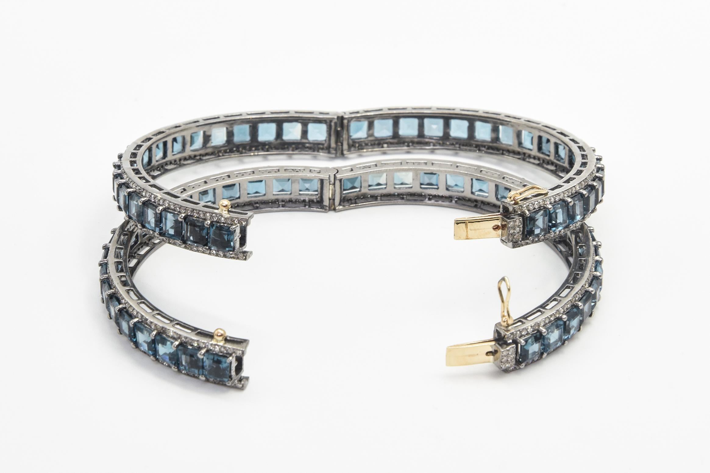 Women's London Blue Topaz and Diamond Bangle Bracelets Pair For Sale
