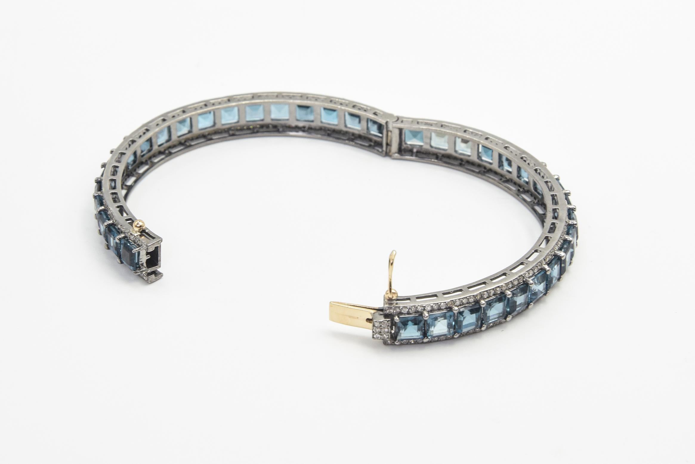 London Blue Topaz and Diamond Bangle Bracelets Pair For Sale 1