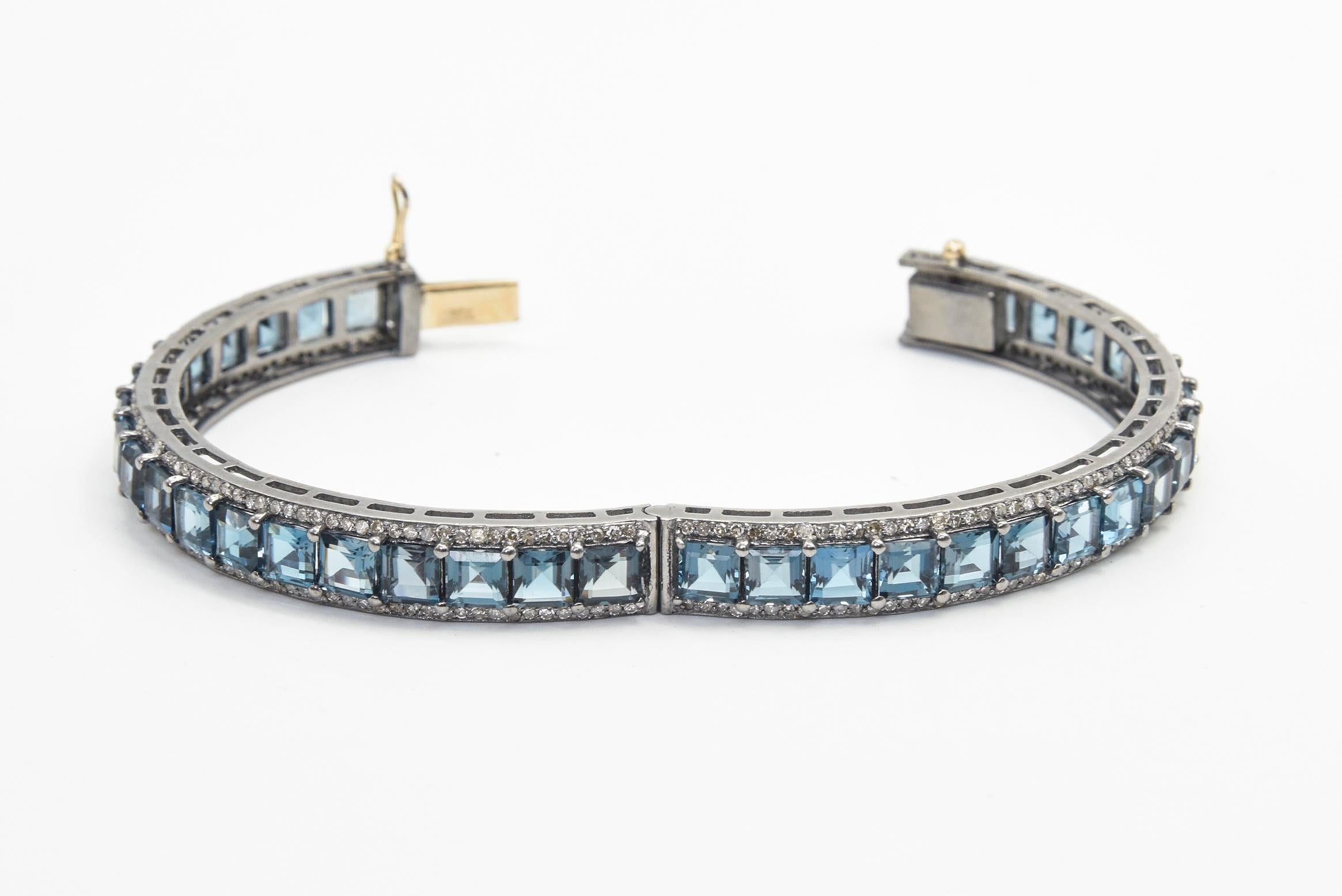 London Blue Topaz and Diamond Bangle Bracelets Pair For Sale 2