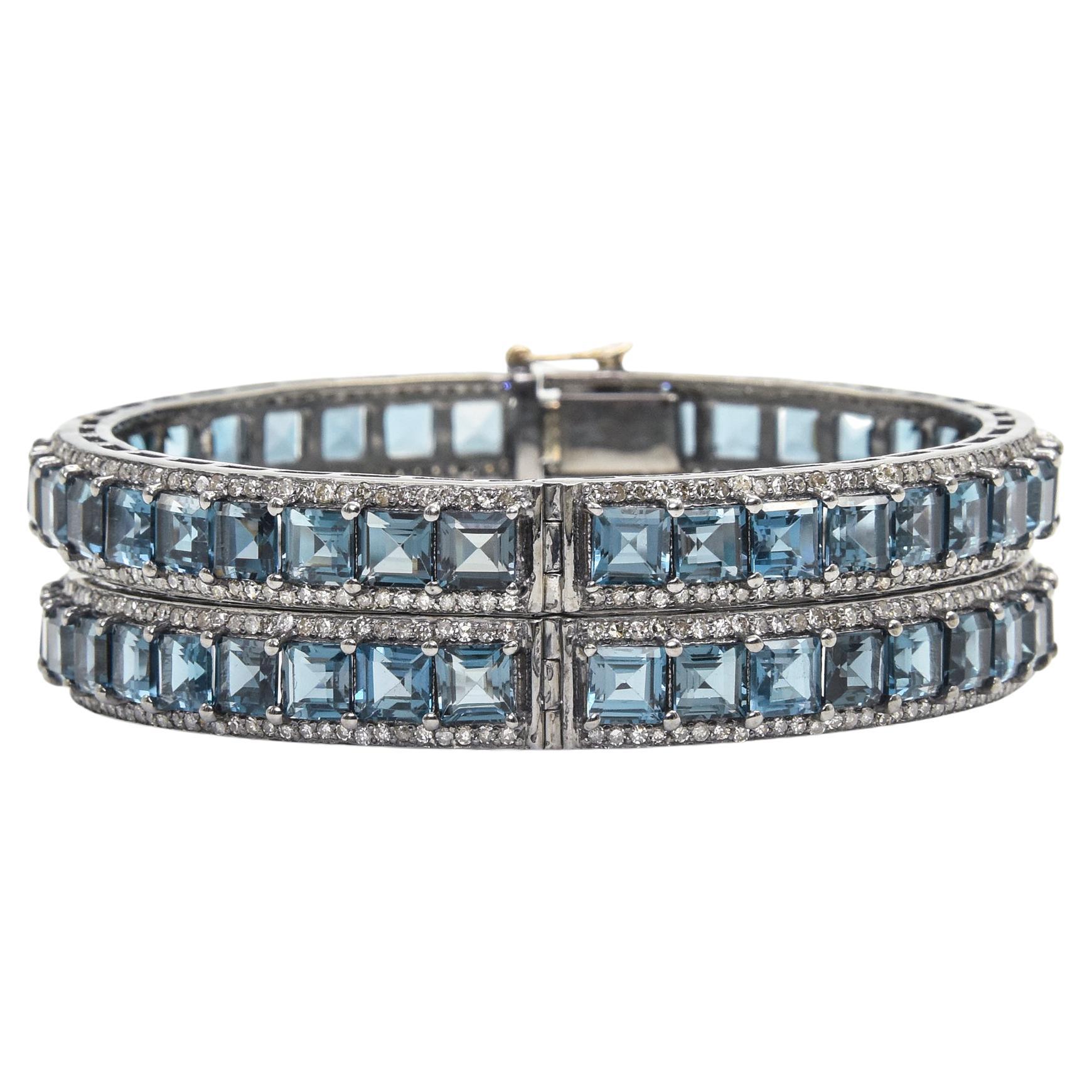 London Blue Topaz and Diamond Bangle Bracelets Pair