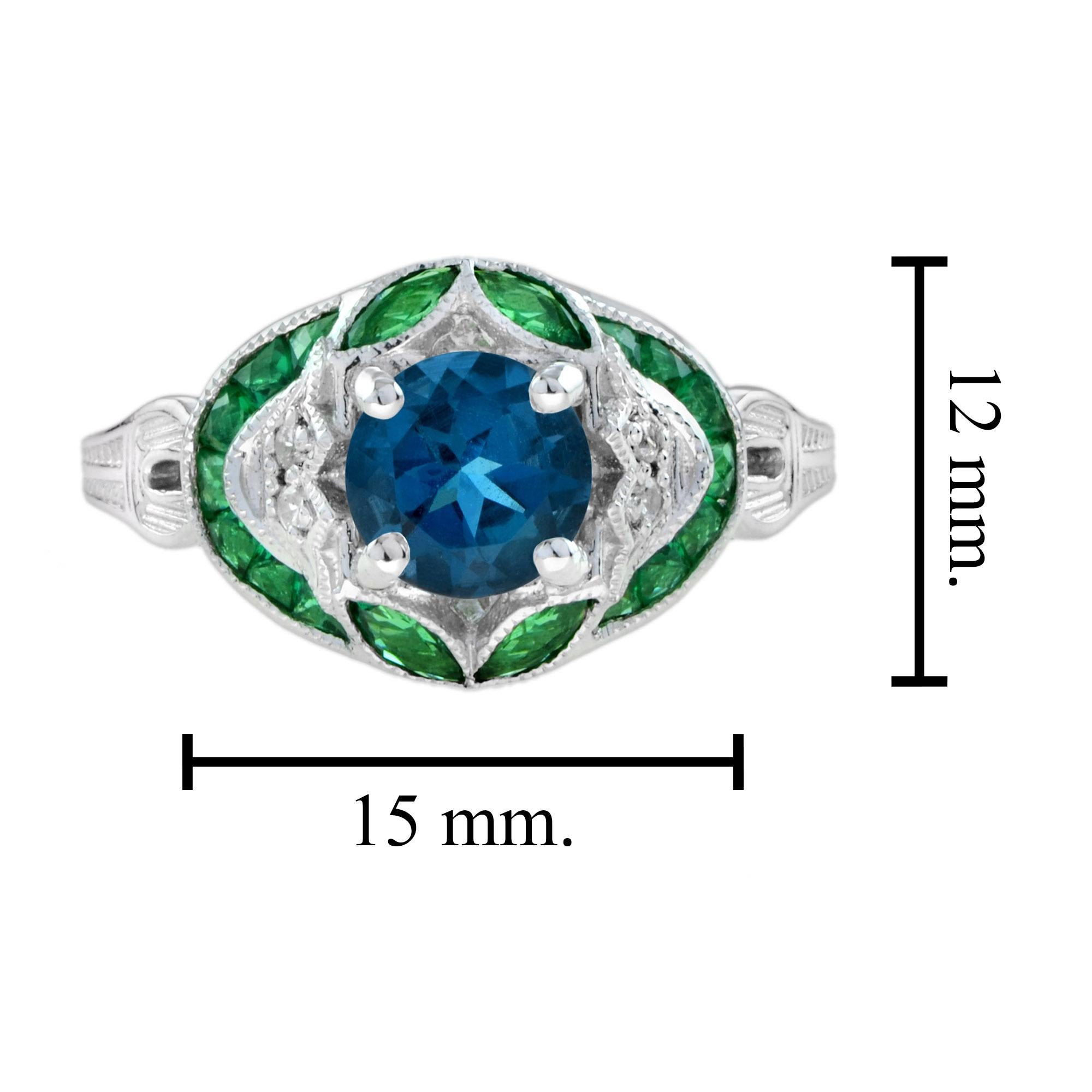 Round Cut London Blue Topaz and Diamond Emerald Art Deco Style Ring in 18k White Gold For Sale