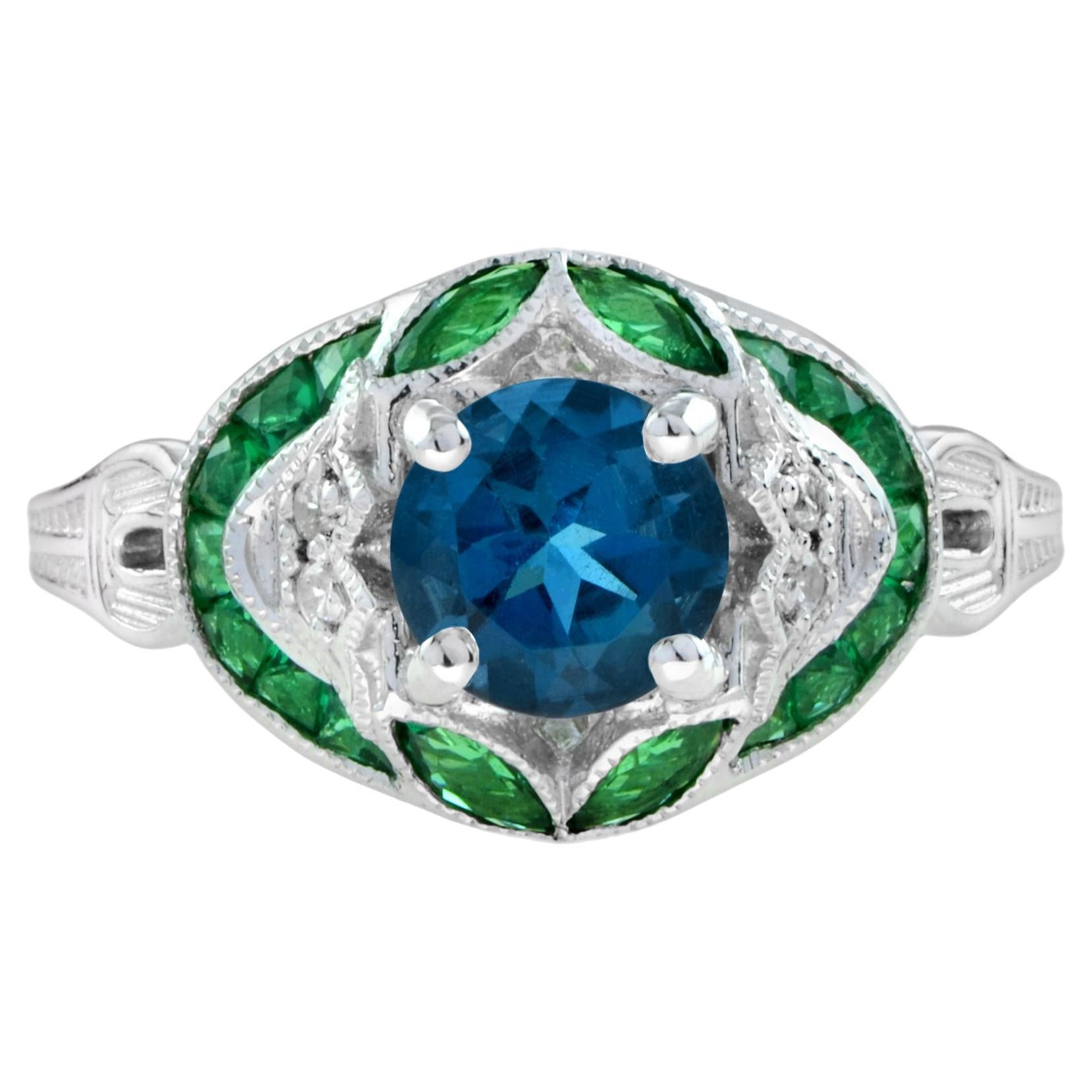 Bague de style Art déco en or blanc 18 carats avec topaze bleue de Londres et émeraude