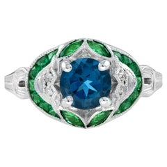 London Blue Topaz and Diamond Emerald Art Deco Style Ring in 18k White Gold