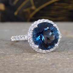 London Blue Topaz and Diamond Halo Cluster Ring in Platinum with Diamond set Sho