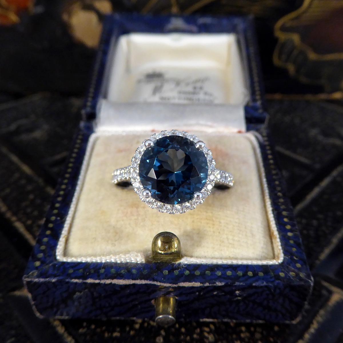 London Blue Topaz and Diamond Halo Cluster Ring in Platinum with Diamond set Sho For Sale 1