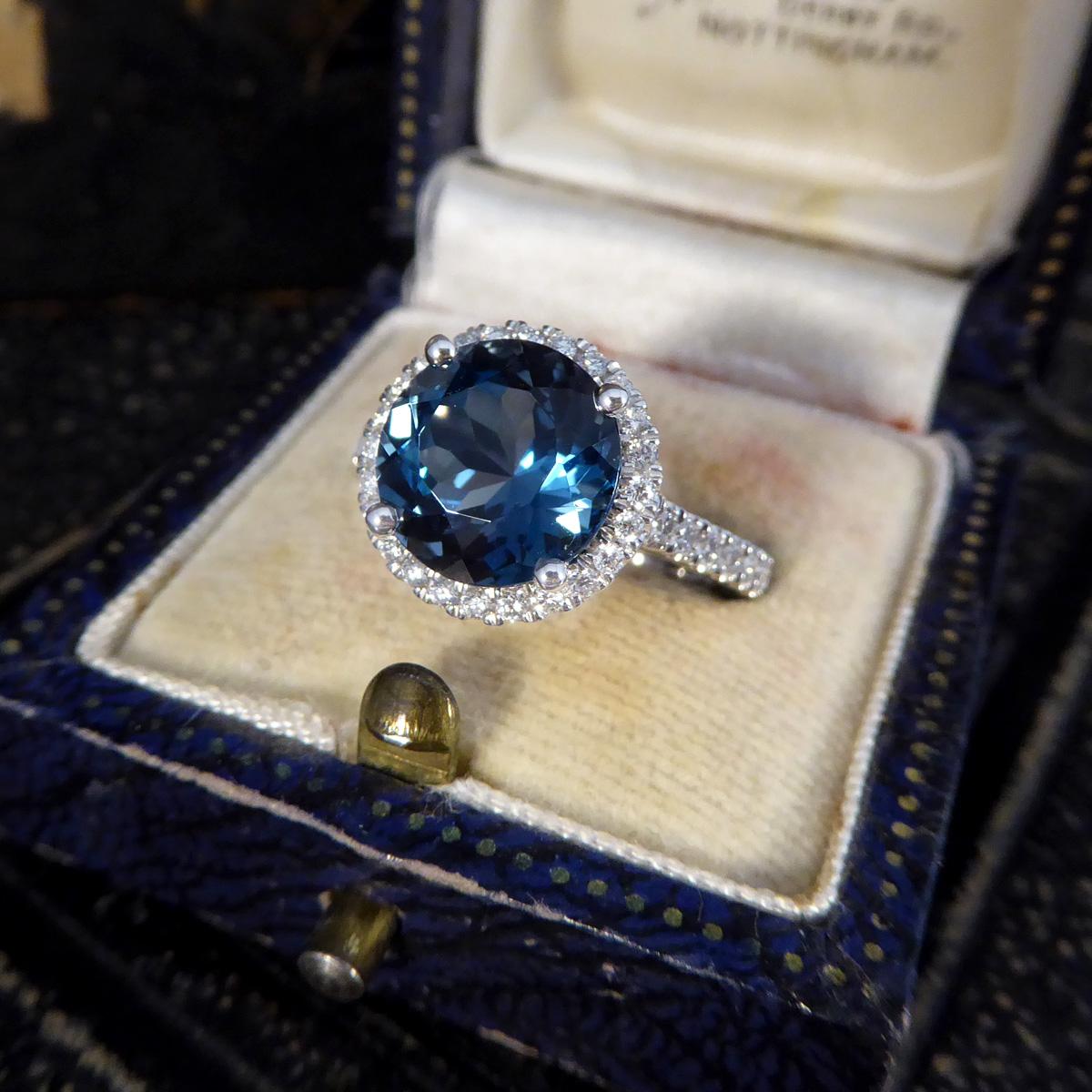London Blue Topaz and Diamond Halo Cluster Ring in Platinum with Diamond set Sho For Sale 2